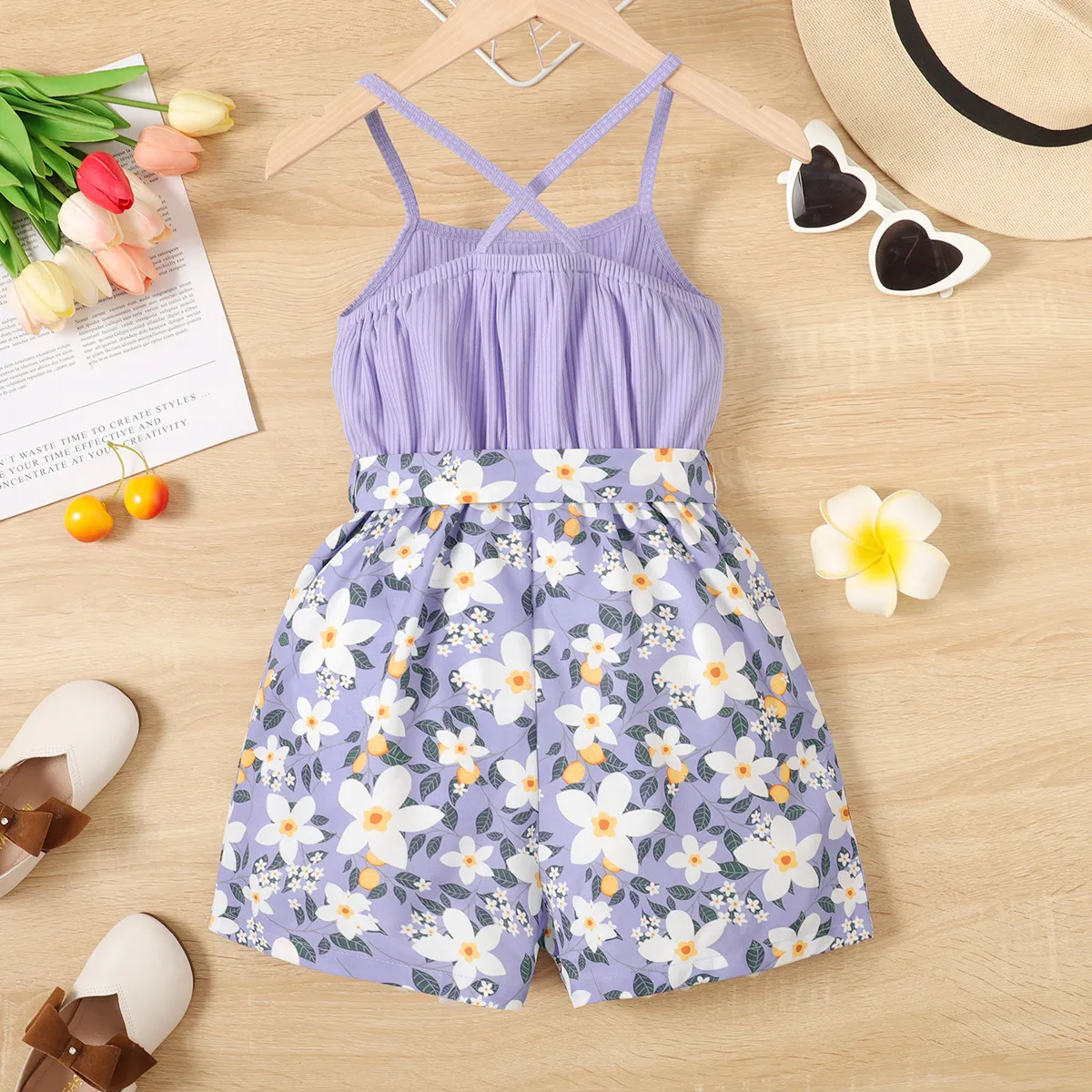 Kid Girl Floral Print Botões Frontais Belted Nervurado Slip Romper Roxa image 5