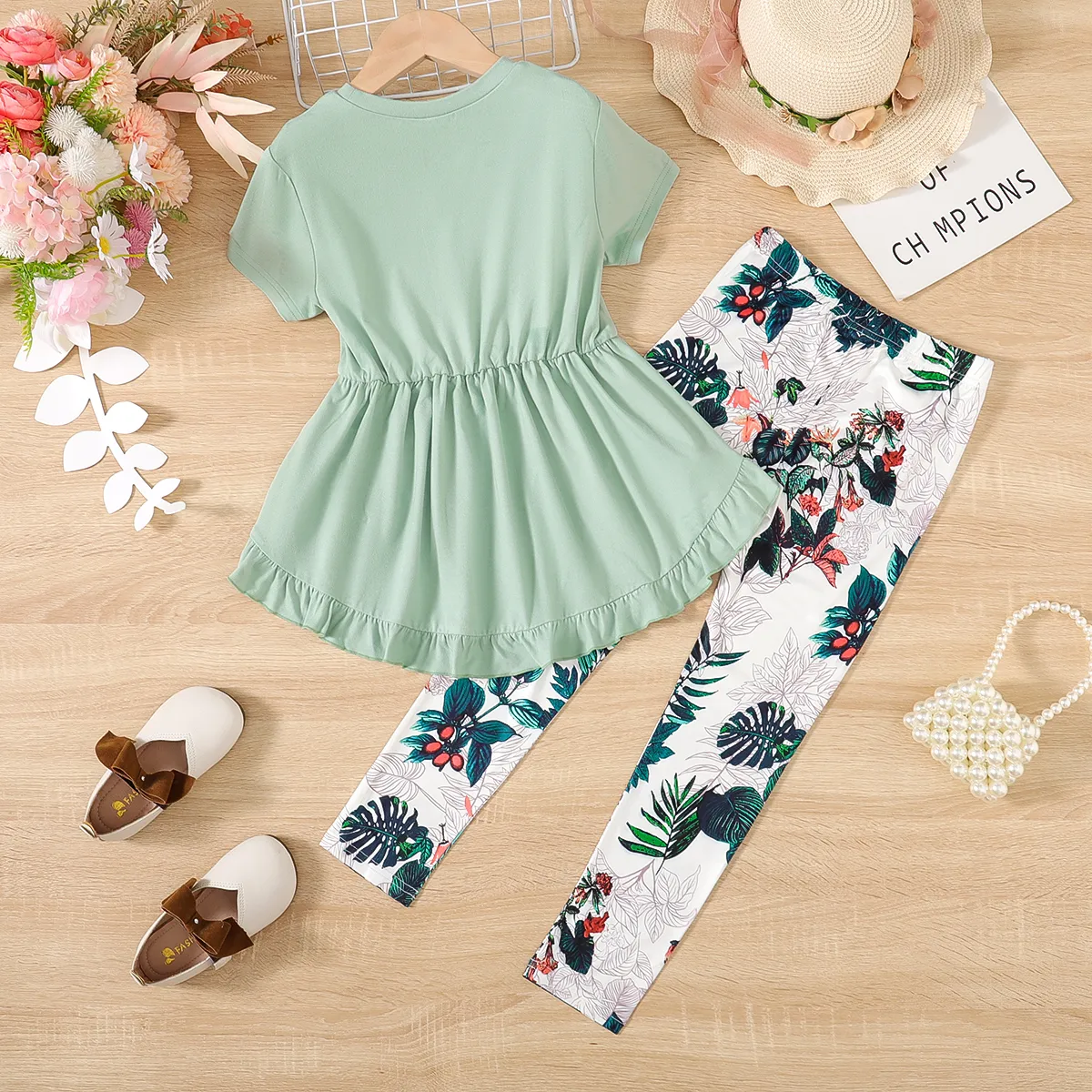 2pcs Kid Girl Bow Front Peplum Top and Plant Floral Pants Set  Green big image 1