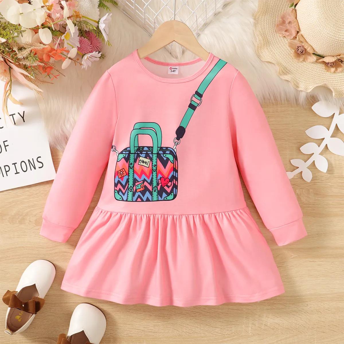 Toddler Girl Satchel Bag Print Ruffle Long-sleeve Dress  big image 1