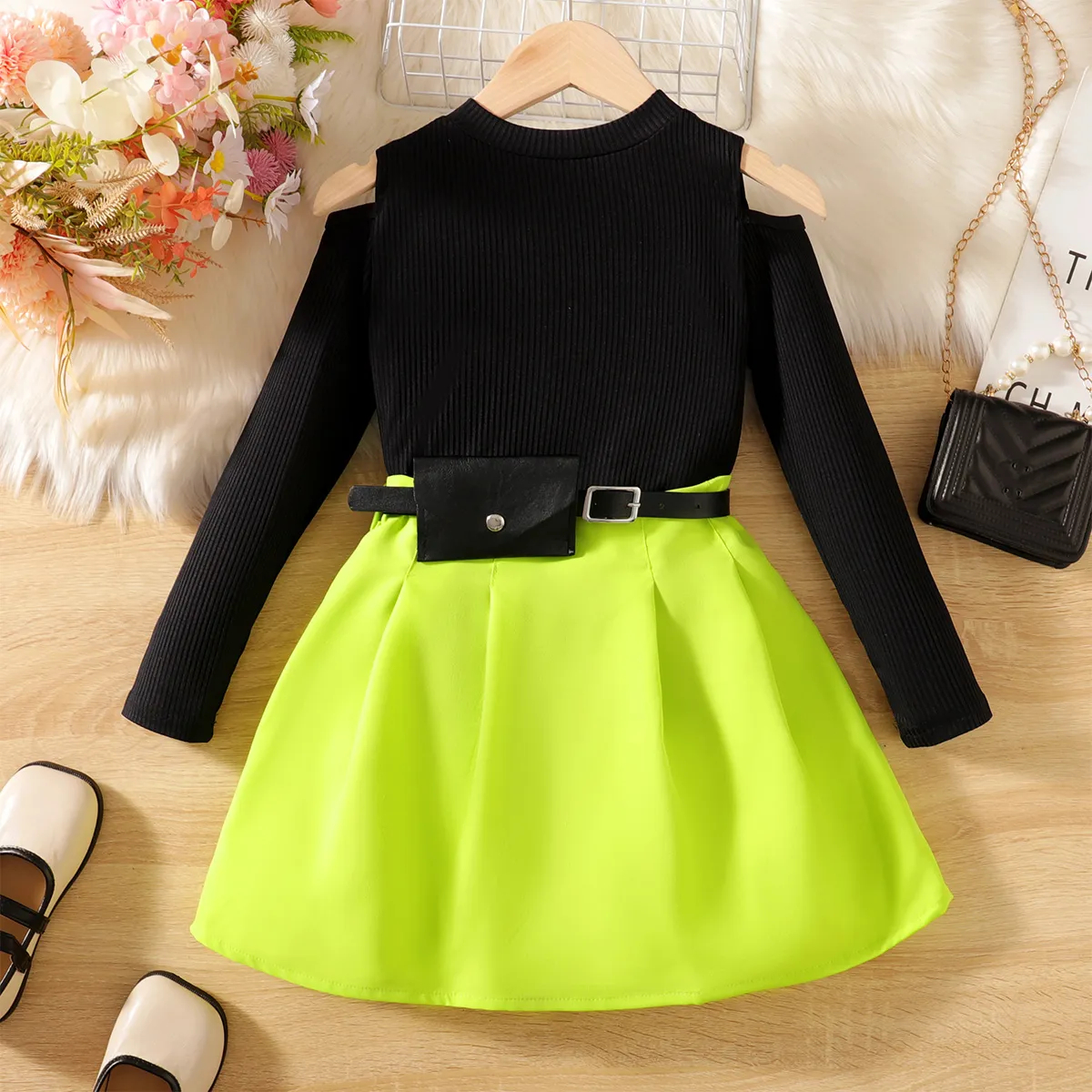 3pcs Kid Girl Cold Shoulder Long-sleeve Rib-knit Top & Pleated Skirt & Belt Bag Set  Black big image 1
