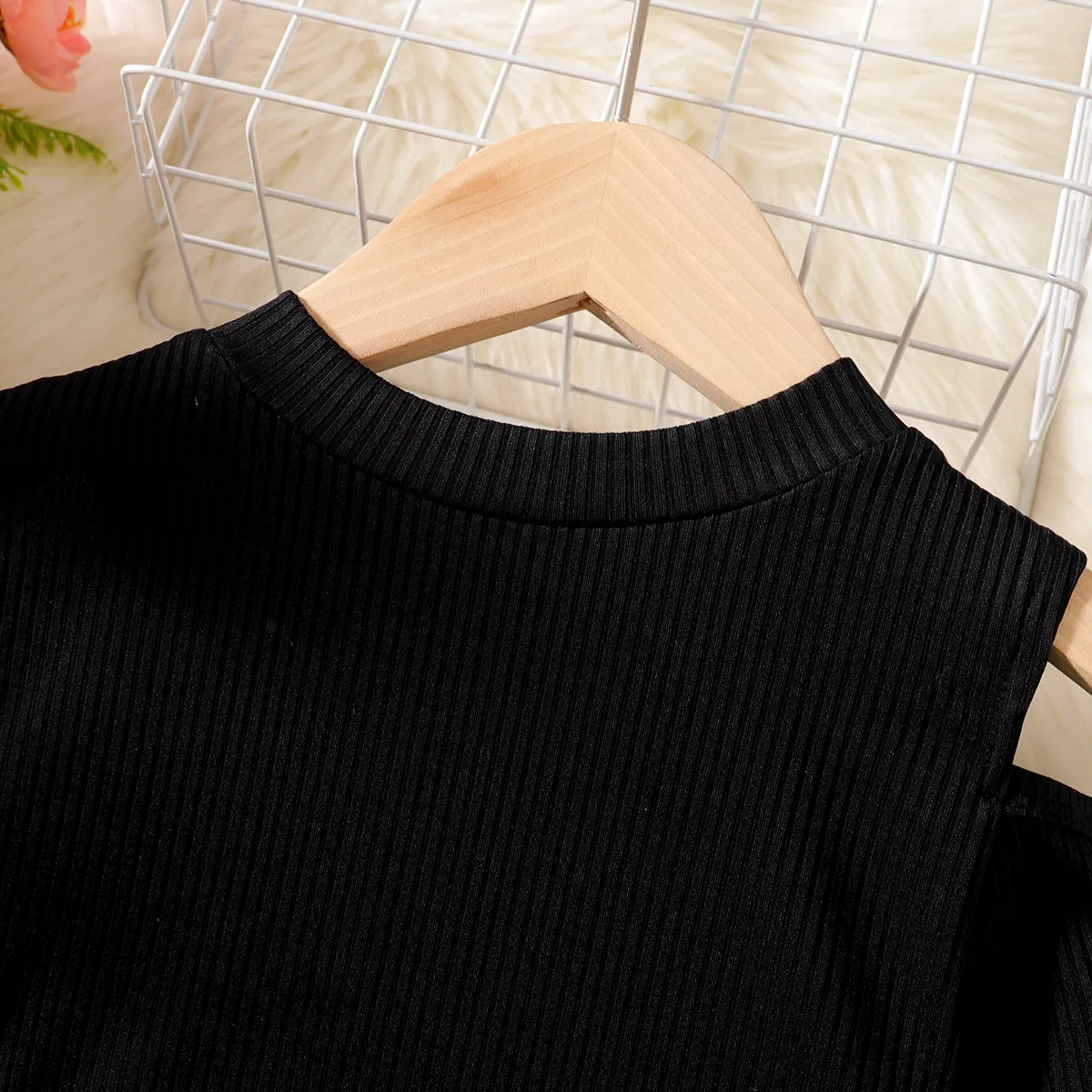 3pcs Kid Girl Cold Shoulder Long-sleeve Rib-knit Top & Pleated Skirt & Belt Bag Set  Black image 2