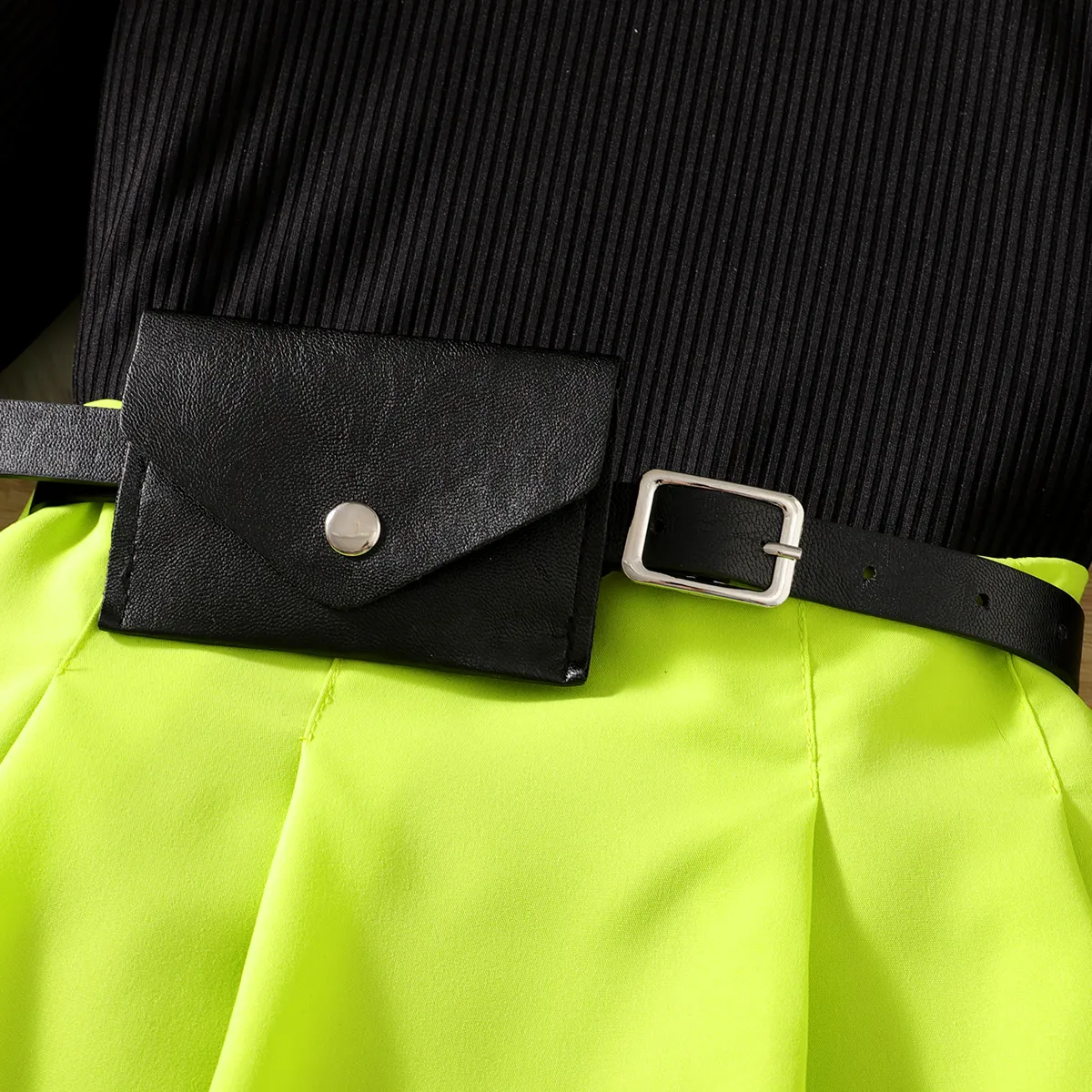 3pcs Kid Girl Cold Shoulder Long-sleeve Rib-knit Top & Pleated Skirt & Belt Bag Set  Black image 3