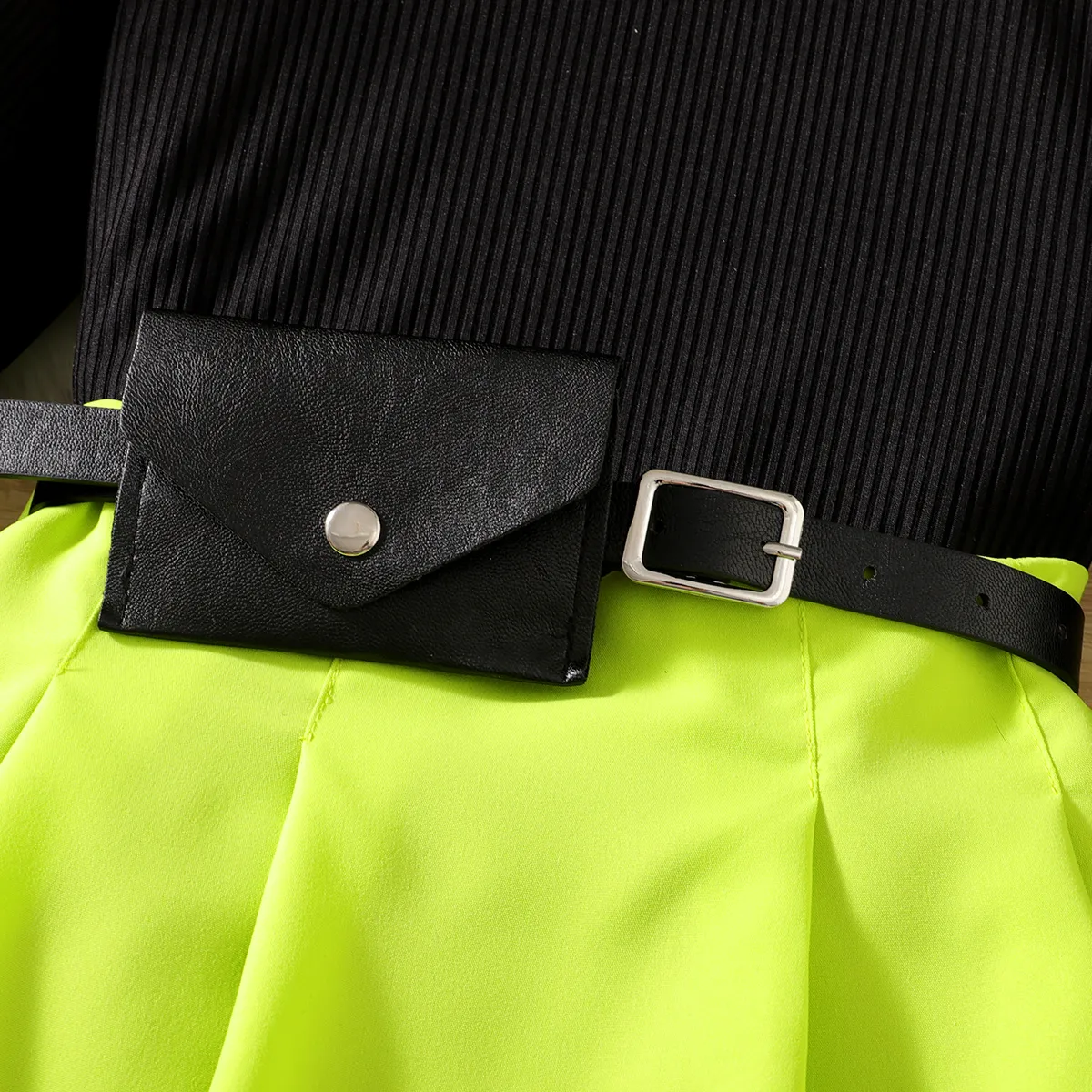 3pcs Kid Girl Cold Shoulder Long-sleeve Rib-knit Top & Pleated Skirt & Belt Bag Set  Black big image 1