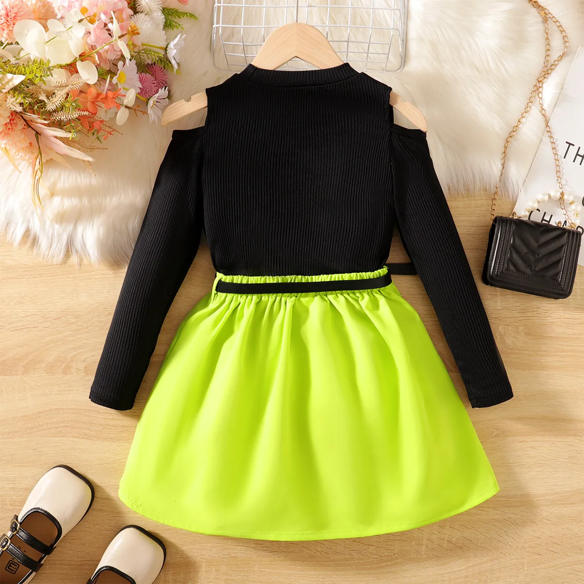 3pcs Kid Girl Cold Shoulder Long-sleeve Rib-knit Top & Pleated Skirt & Belt Bag Set  Black image 4