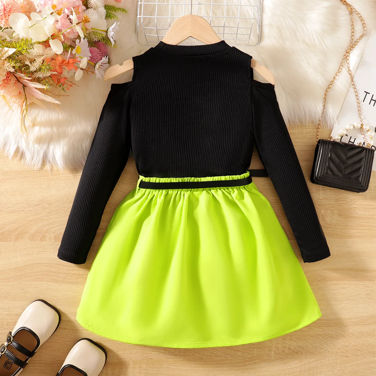 3pcs Kid Girl Cold Shoulder Long-sleeve Rib-knit Top & Pleated Skirt & Belt Bag Set  Black big image 1