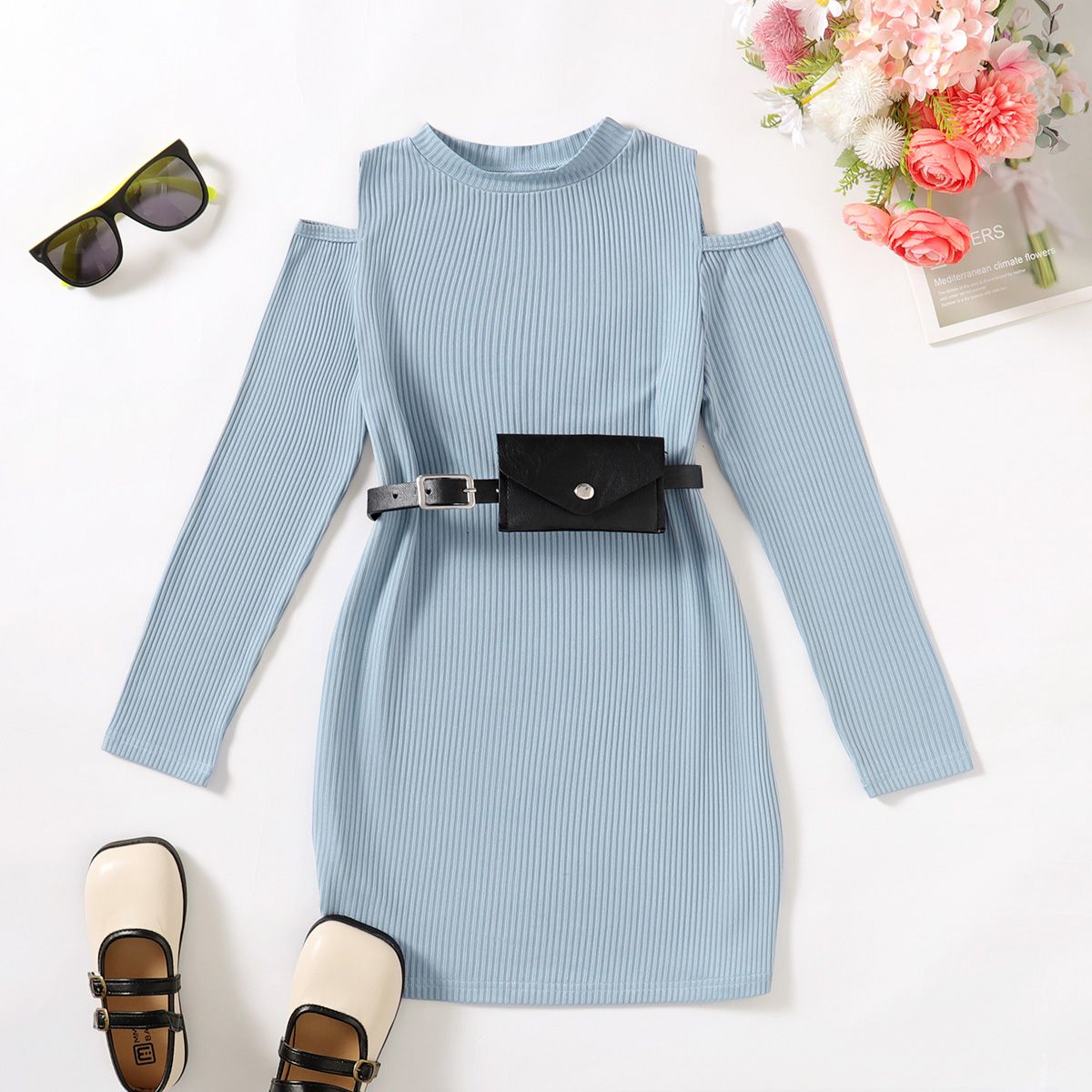 

2pcs Kid Girl Ribbed Solid Dress and Belt Bag Set