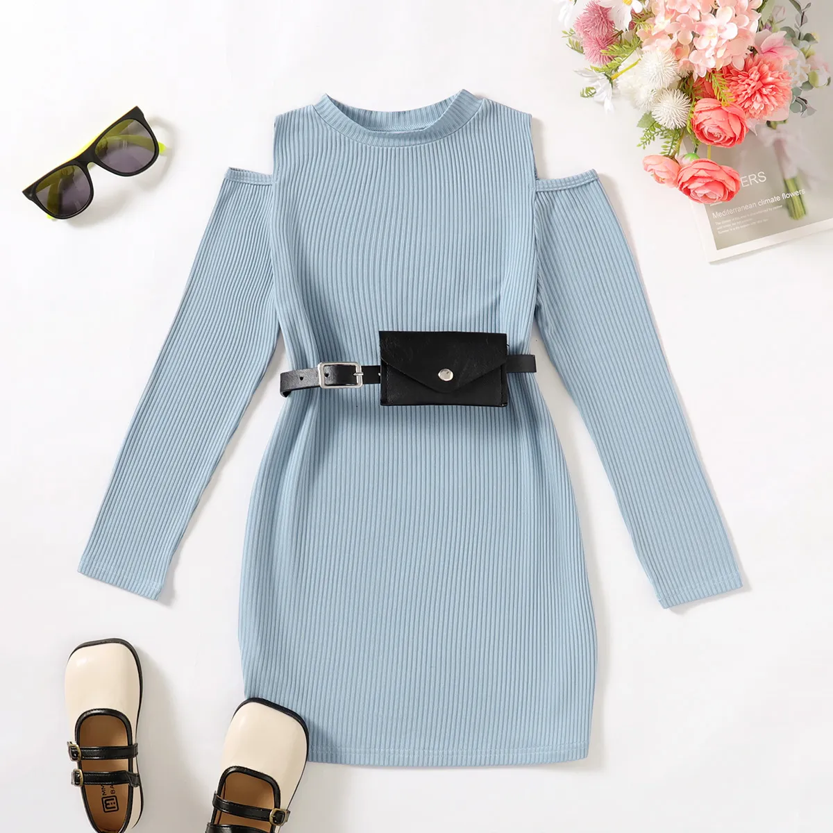 2pcs Kid Girl Ribbed Solid Dress and Belt Bag Set