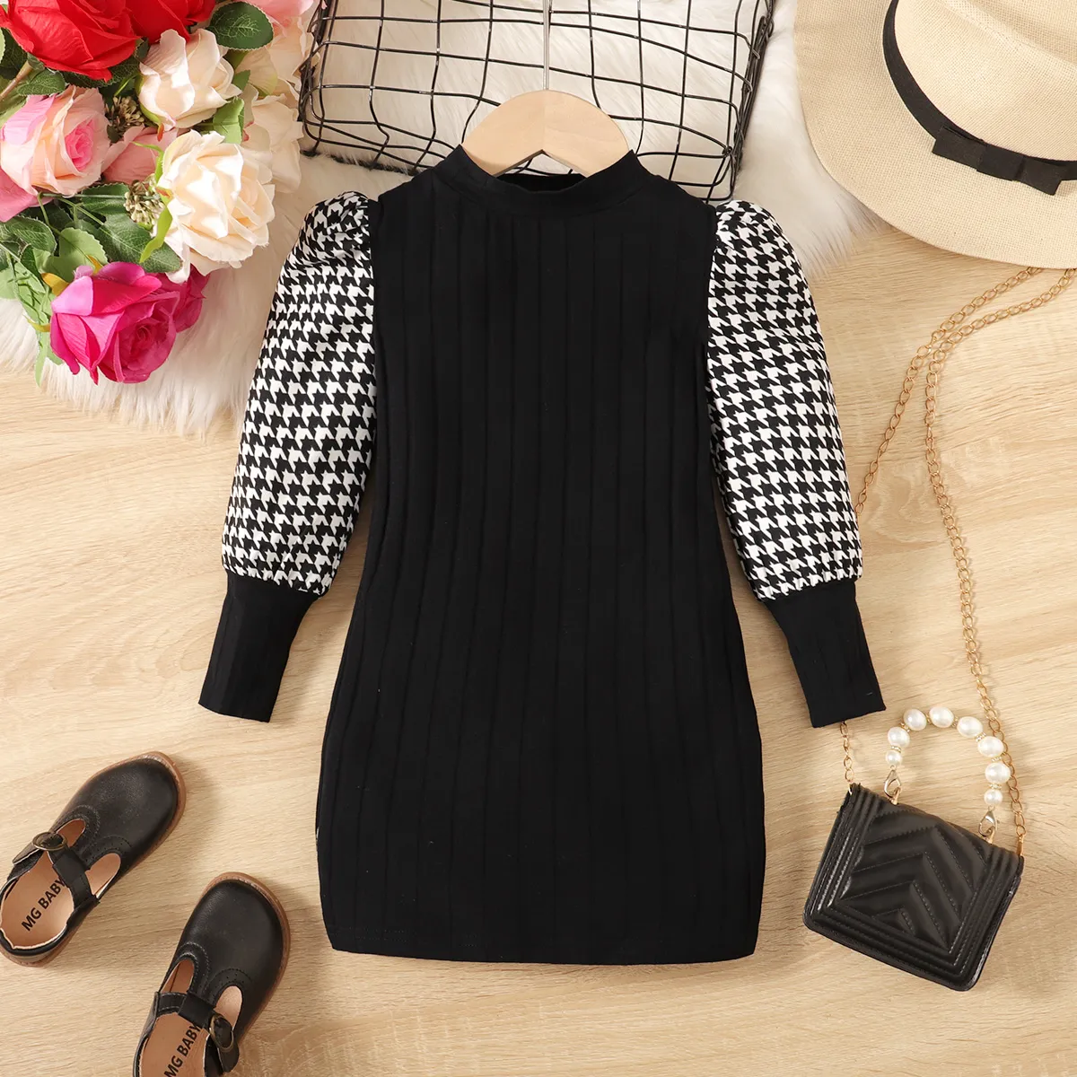 Toddler Girl Houndstooth Gigot Sleeve Ribbed Dress   image 4