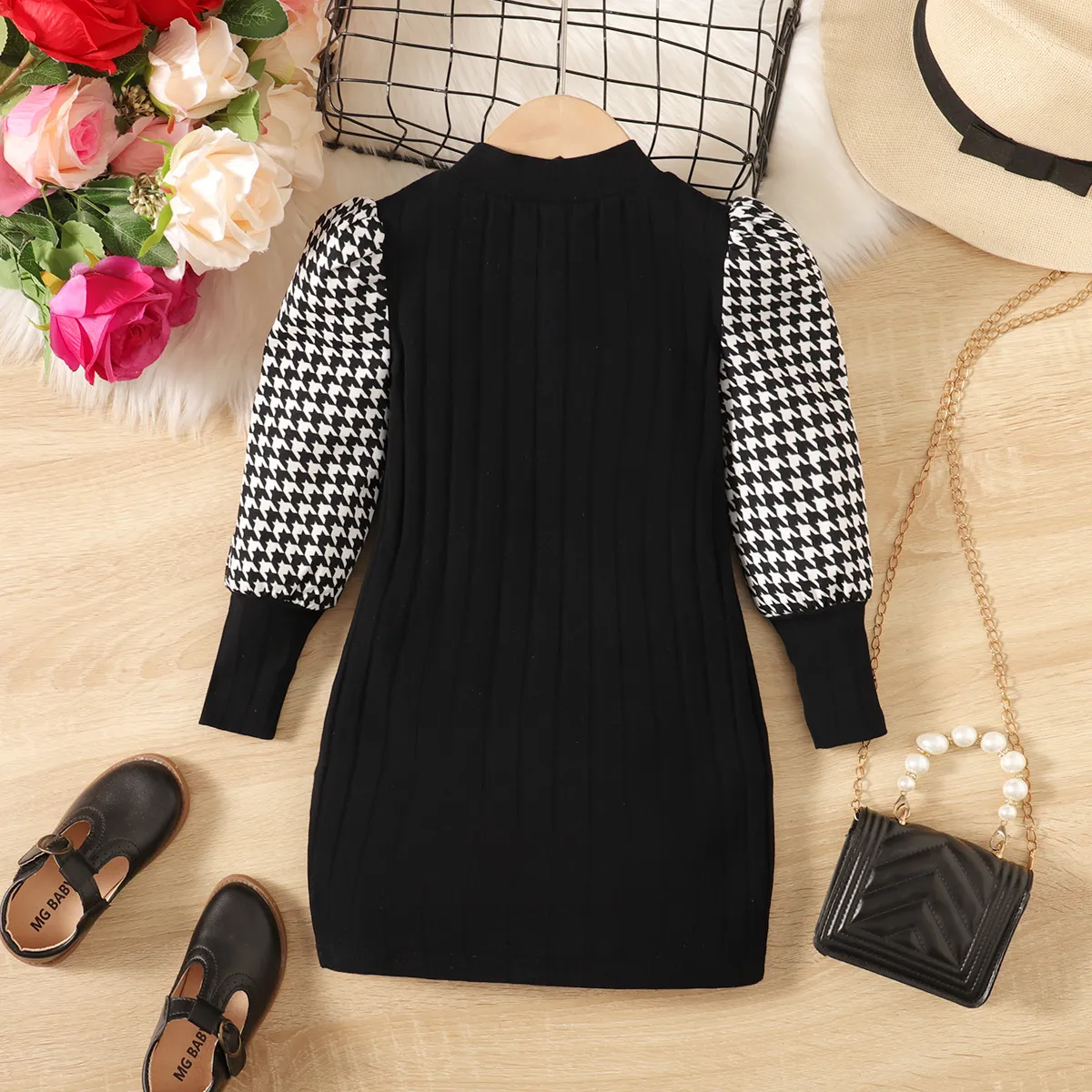 Toddler Girl Houndstooth Gigot Sleeve Ribbed Dress   image 5