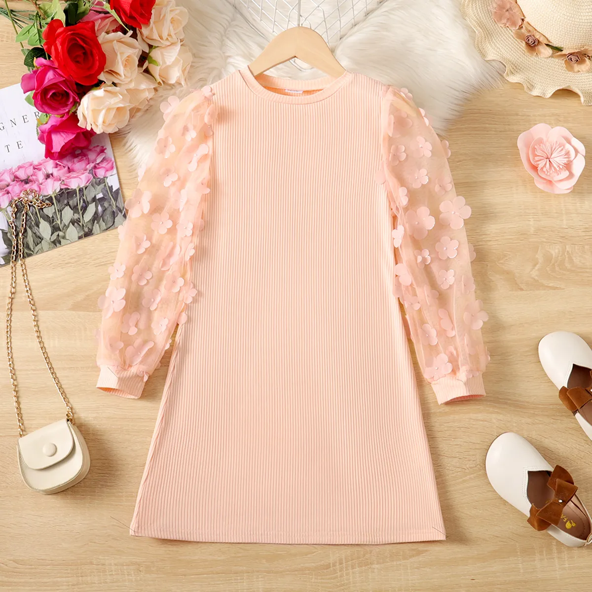 Kid Girl Mesh Floral Pattern Ribbed Long-sleeve Dress Pink image 2