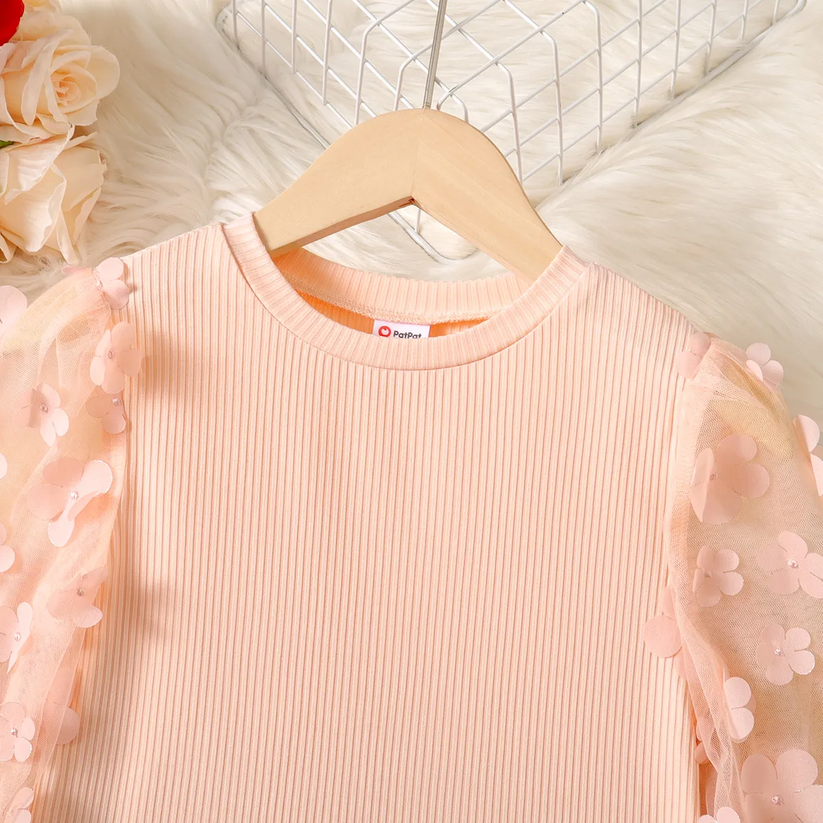 Kid Girl Mesh Floral Pattern Ribbed Long-sleeve Dress Pink image 3