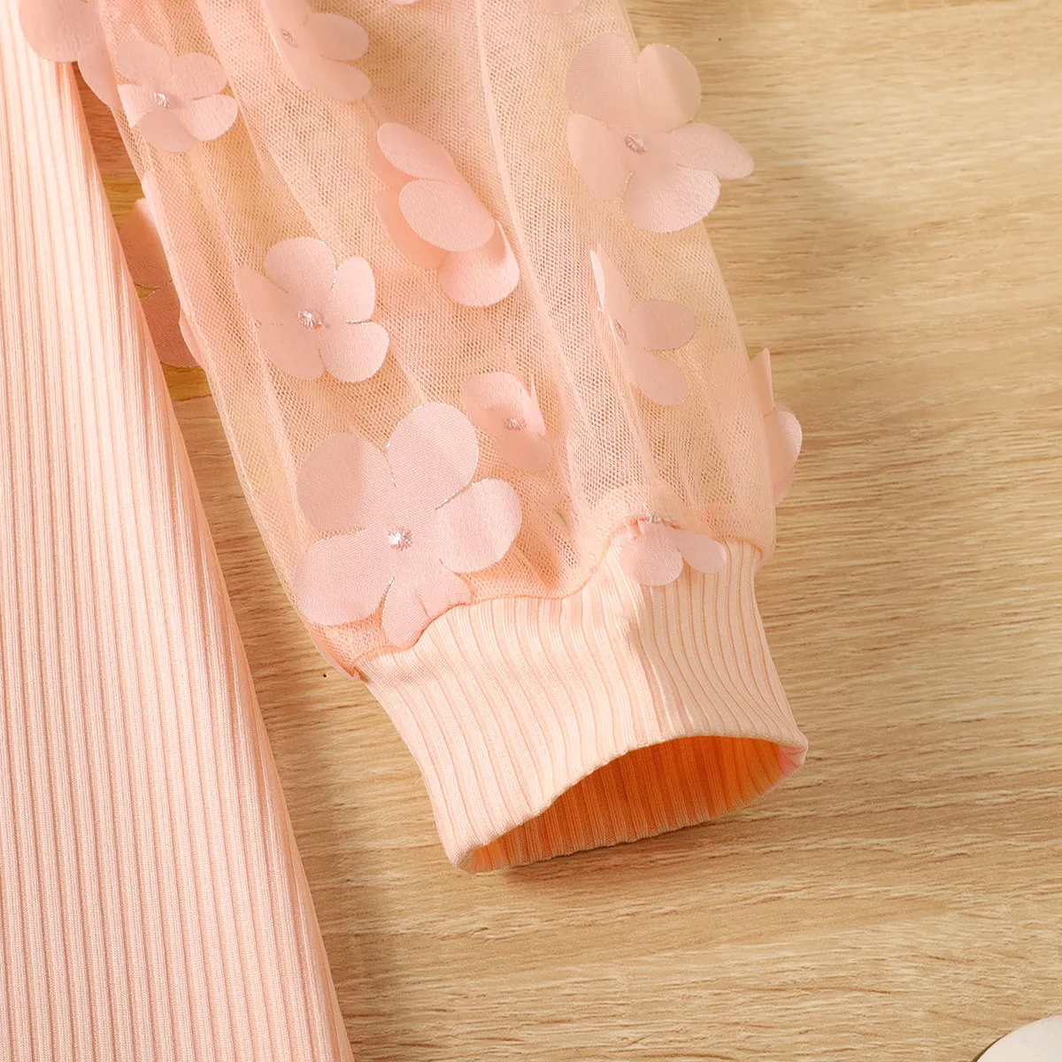 Kid Girl Mesh Floral Pattern Ribbed Long-sleeve Dress Pink image 4