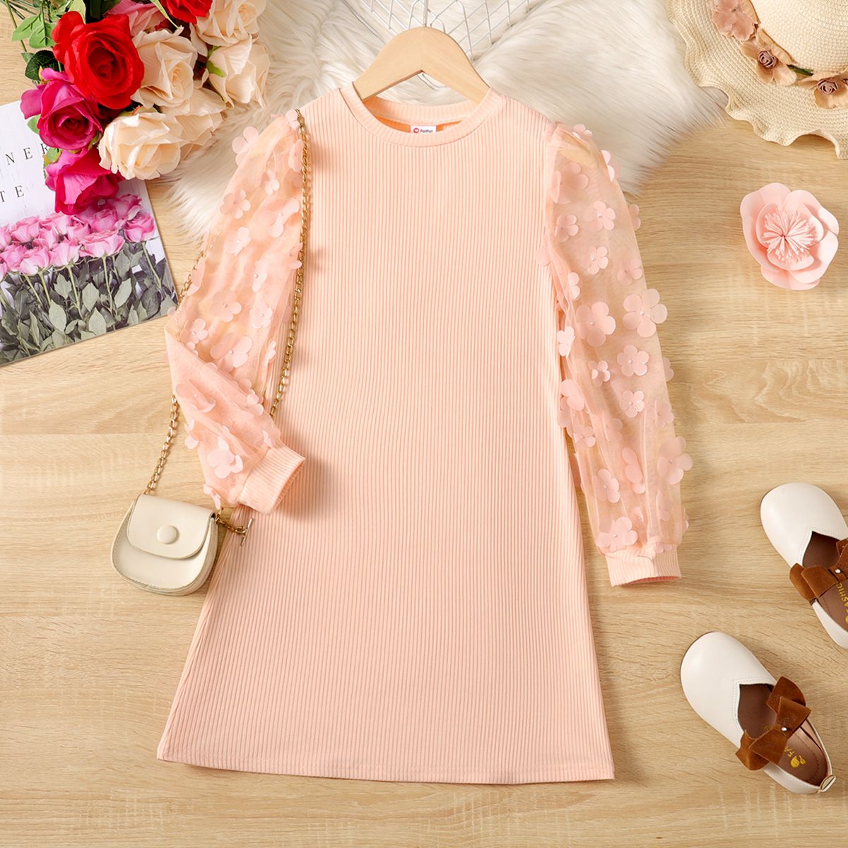 Kid Girl Mesh Floral Pattern Ribbed Long-sleeve Dress