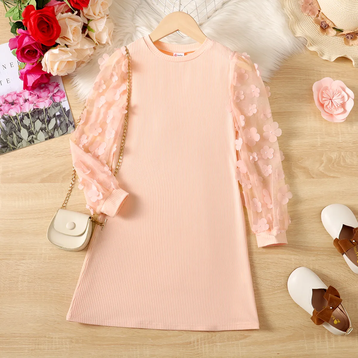 Kid Girl Mesh Floral Pattern Ribbed Long-sleeve Dress Pink big image 1