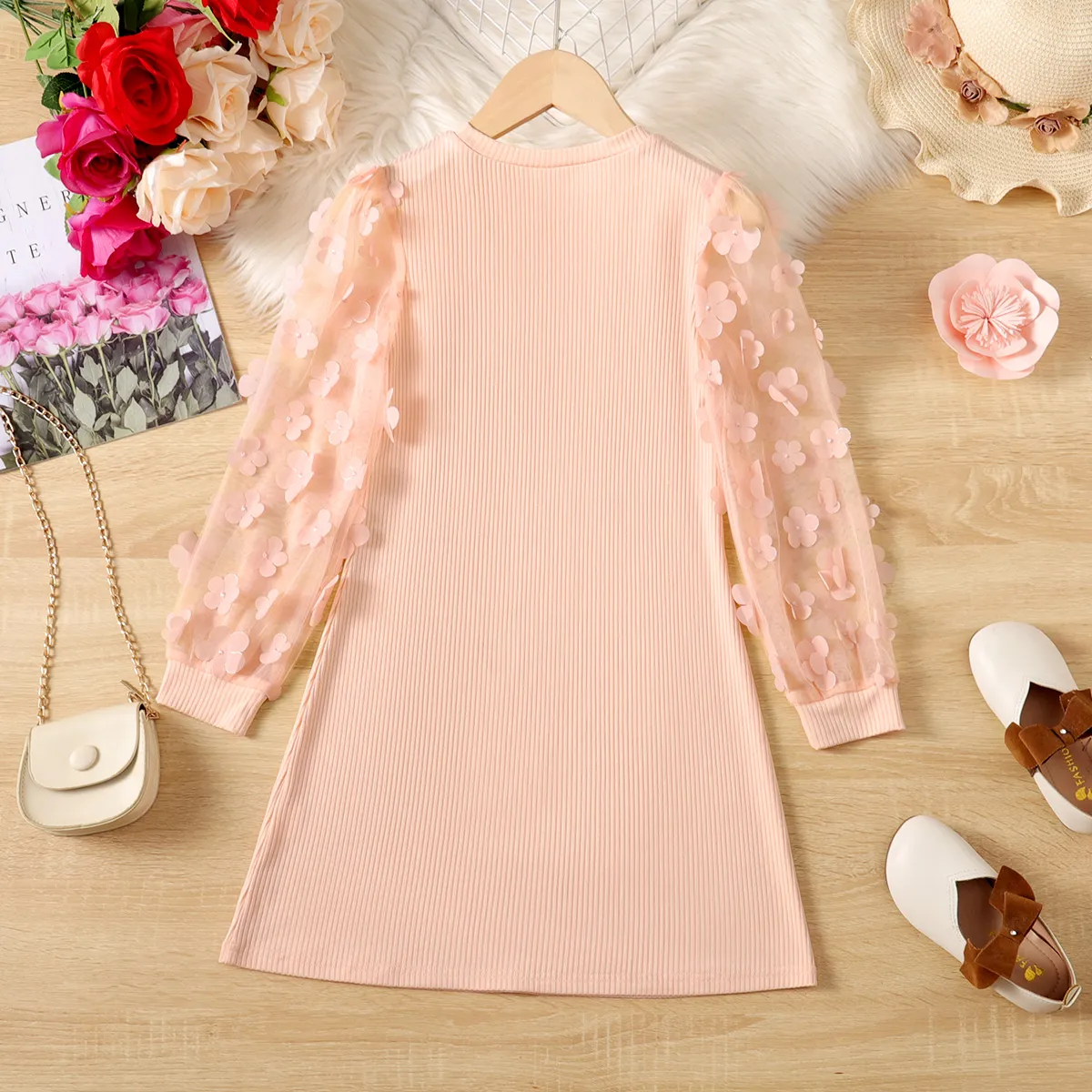 Kid Girl Mesh Floral Pattern Ribbed Long-sleeve Dress Pink image 5