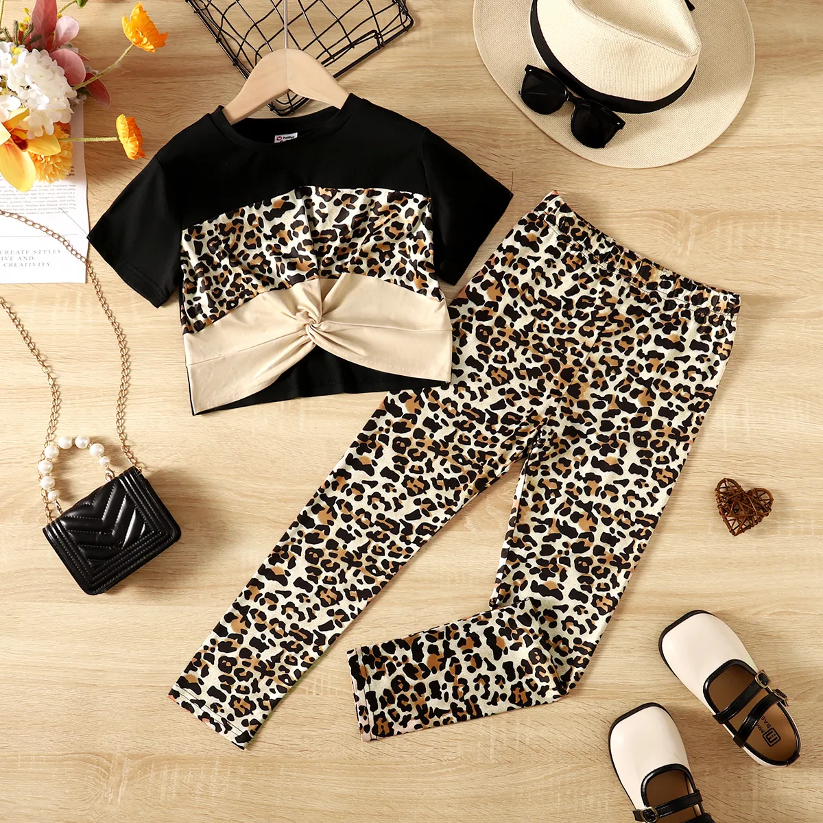2pcs Kid Girl Leopard Print Twist Short-sleeve Tee and Pants Set Caramel big image 1