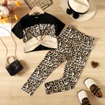 2pcs Kid Girl Leopard Print Twist Short-sleeve Tee and Pants Set Caramel