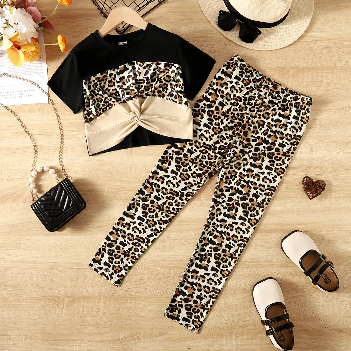 2pcs Kid Girl Leopard Print Twist Short-sleeve Tee and Pants Set Caramel image 2