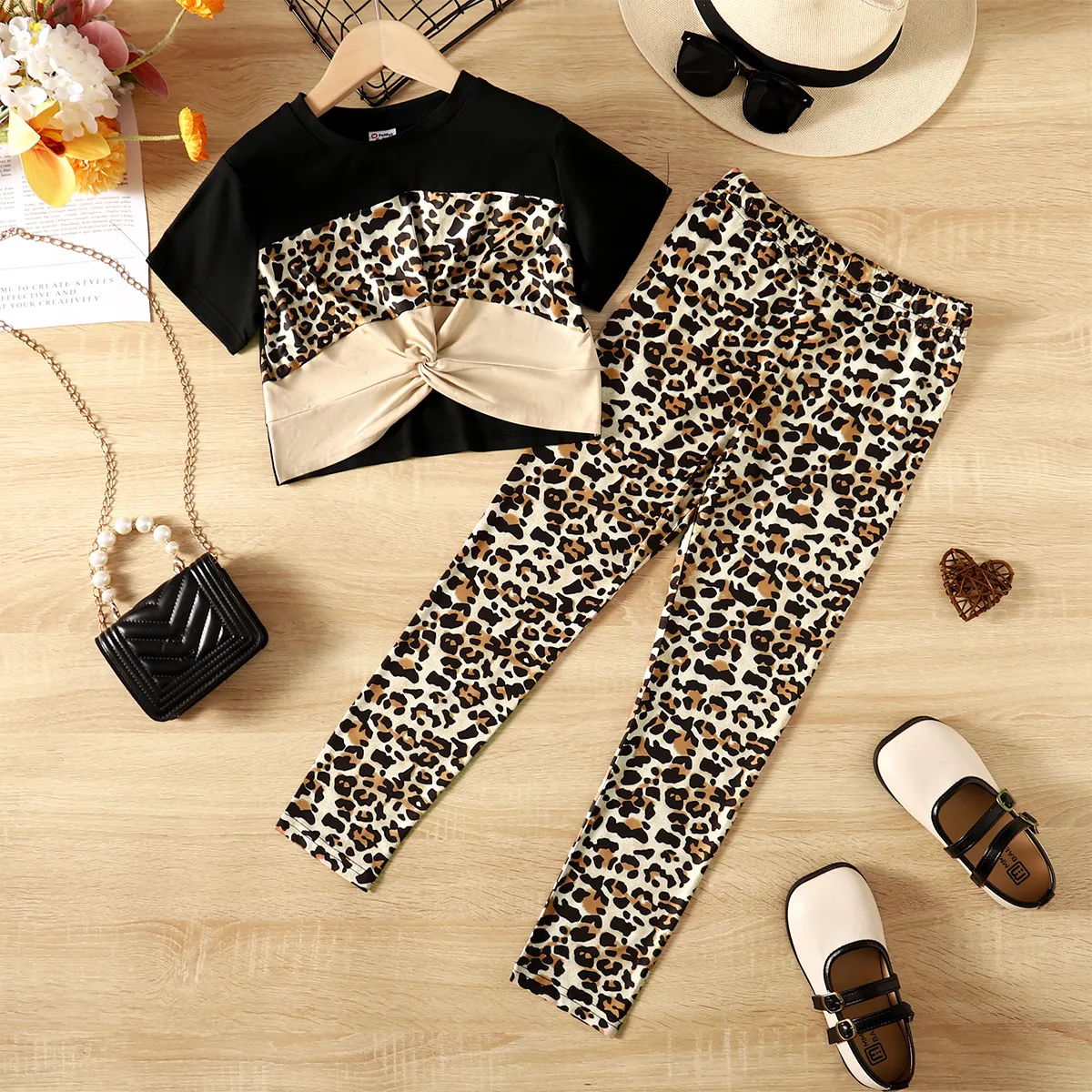 2pcs Kid Girl Leopard Print Twist Short-sleeve Tee and Pants Set Caramel big image 1