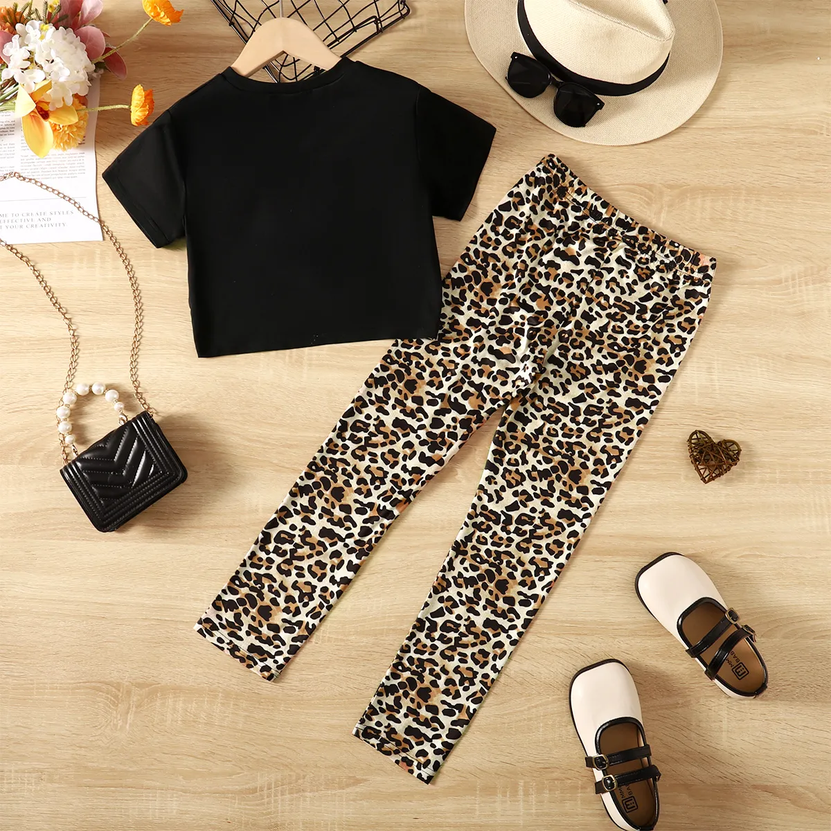 2pcs Kid Girl Leopard Print Twist Short-sleeve Tee and Pants Set Caramel image 6