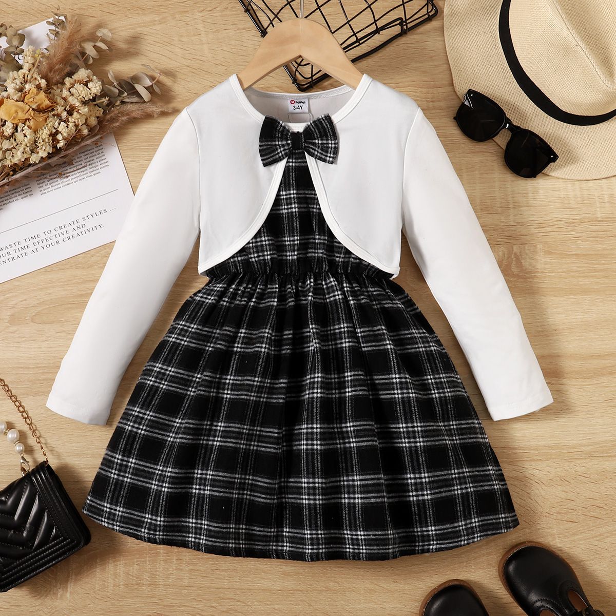 Toddler Girl Plaid Panel Bow Tie Long-sleeve 2 In 1 Dress