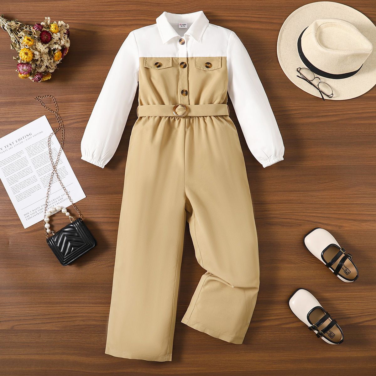 Kid Girl Two Tone Colorblock Belted Long-sleeve Button Half Placket Jumpsuit