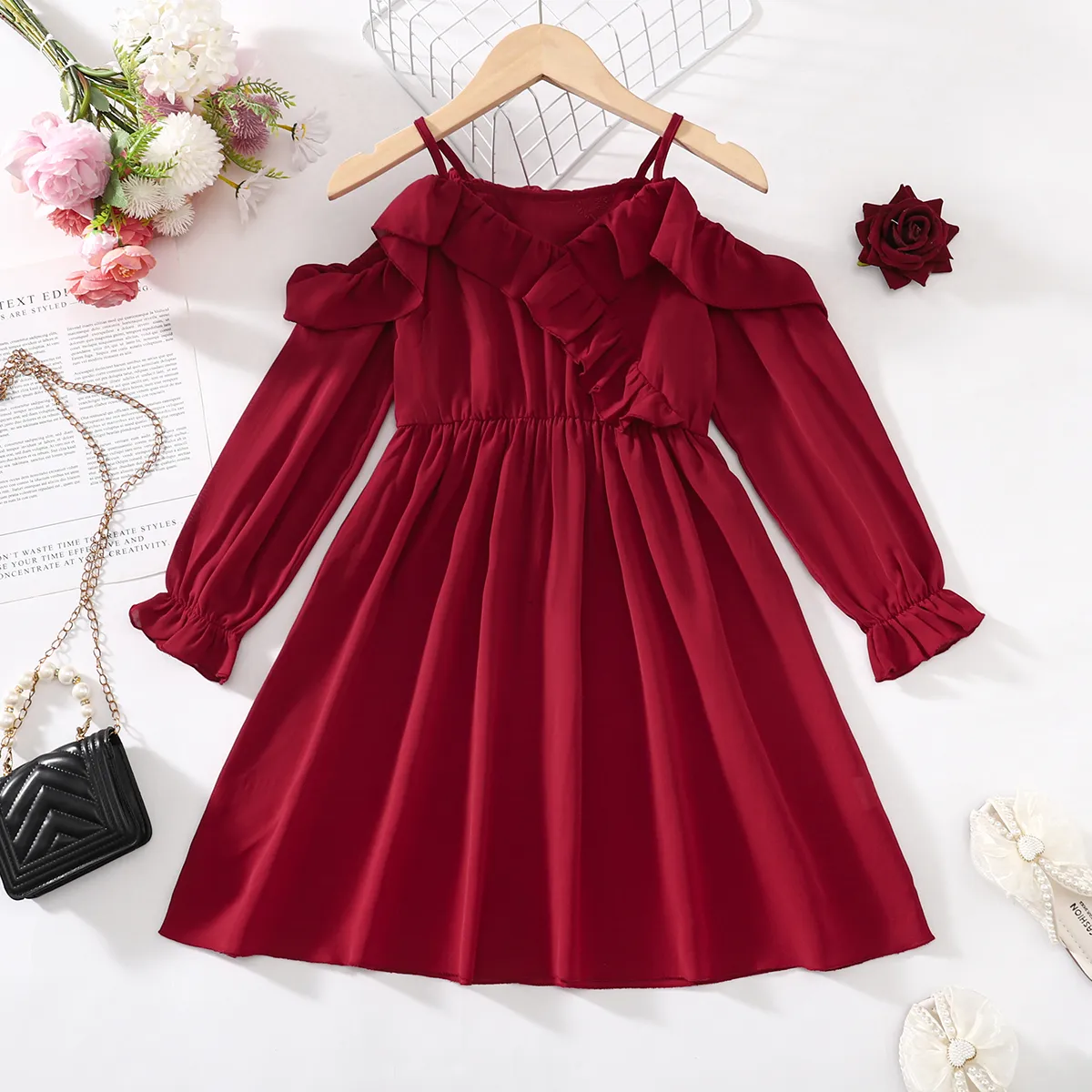 Kid Girl Ruffle Slip Solid Long-sleeve Dress  big image 1