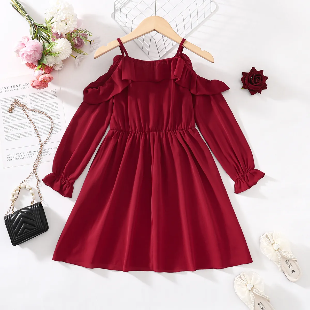 Kid Girl Ruffle Slip Solid Long-sleeve Dress  image 5