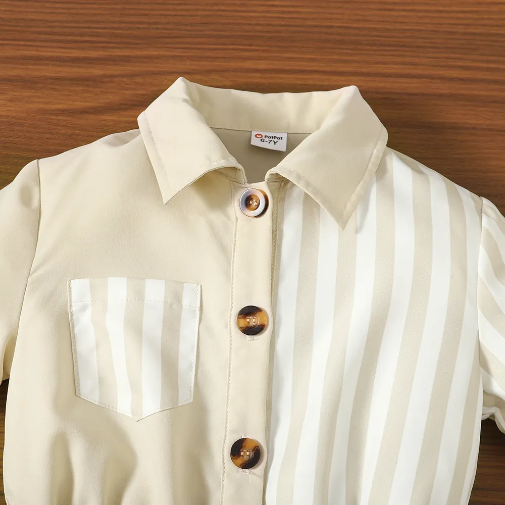 Kid Girl Stripe Panel Belted Short-sleeve Shirt Jumpsuit big image 4