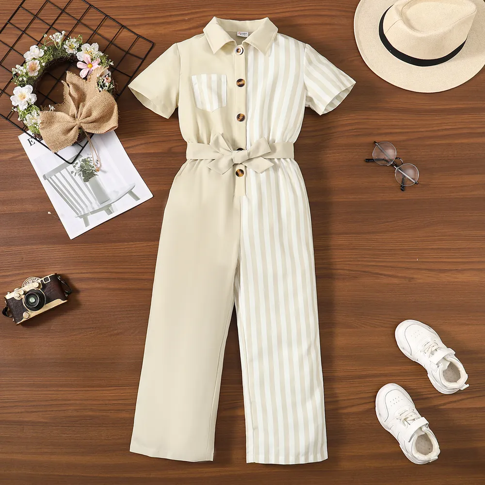 Kid Girl Stripe Panel Belted Short-sleeve Shirt Jumpsuit big image 1
