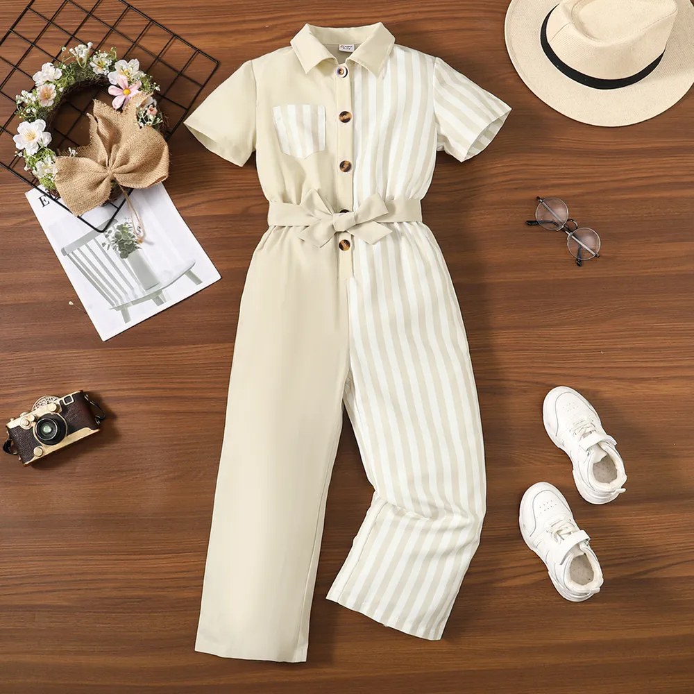 Kid Girl Stripe Panel Belted Short-sleeve Shirt Jumpsuit big image 2