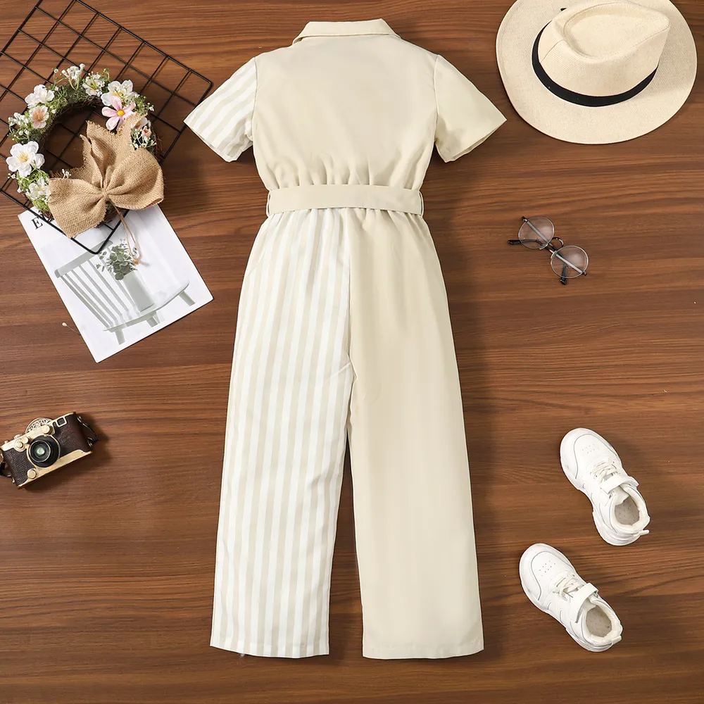 Kid Girl Stripe Panel Belted Short-sleeve Shirt Jumpsuit big image 3