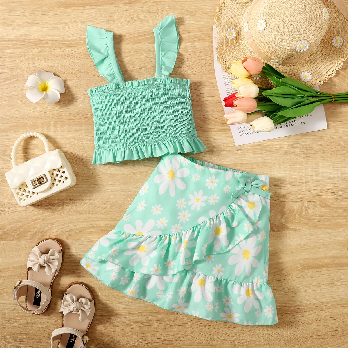 2pcs Kid Girl Ruffled Smocked Cami Top And Floral Print Ruffled Skirt Set
