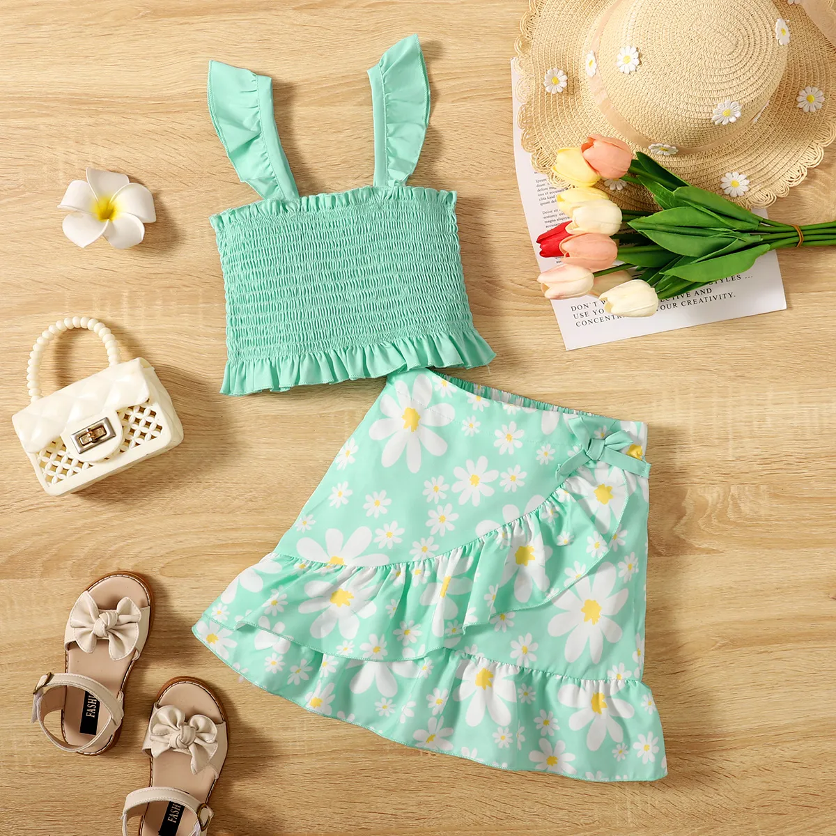 2pcs Kid Girl Ruffled Smocked Cami Top and Floral Print Ruffled Skirt Set  Mint Green big image 1