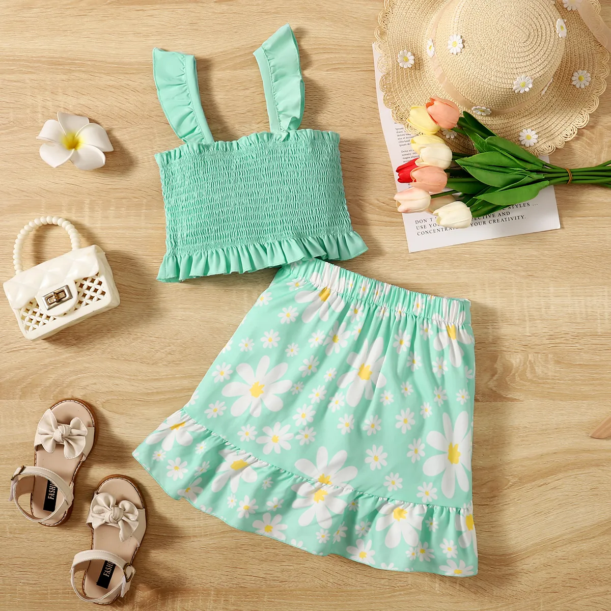 2pcs Kid Girl Ruffled Smocked Cami Top and Floral Print Ruffled Skirt Set  Mint Green image 5