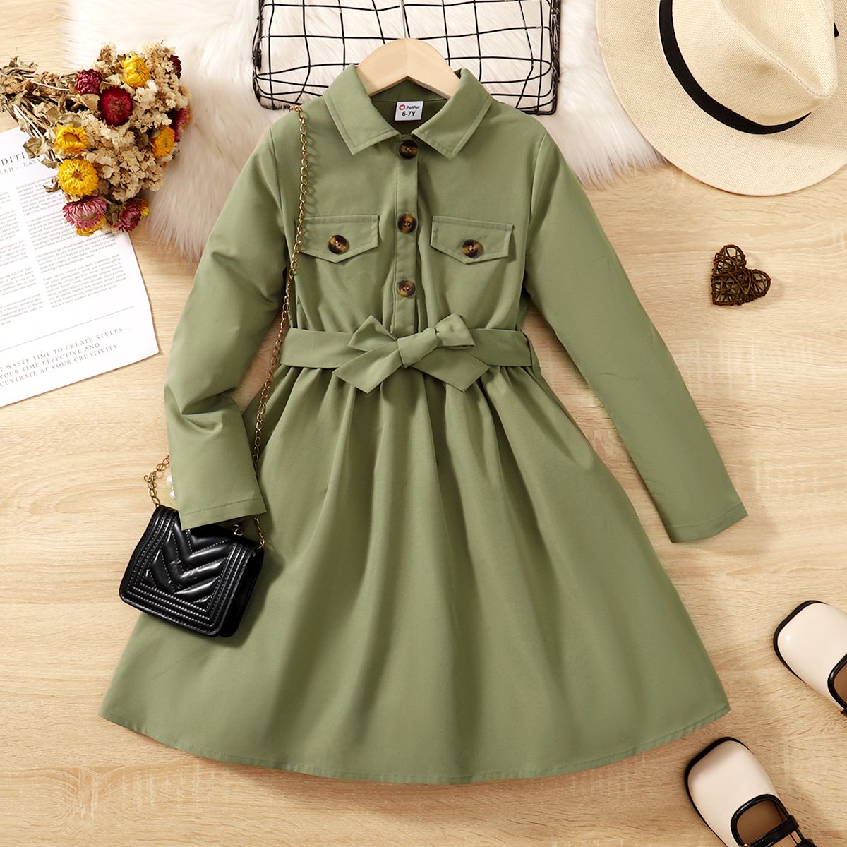 

Kid Girl Belted Lapel Collar Solid Long-sleeve Dress