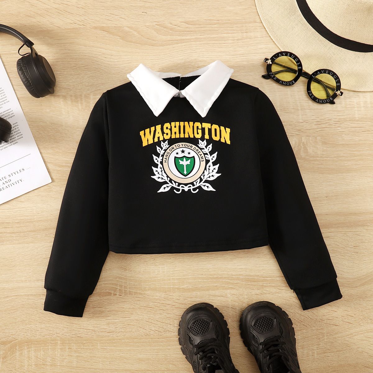 

Toddler Girl Letters Pattern Lapel Collar Long-sleeve Sweatshirt