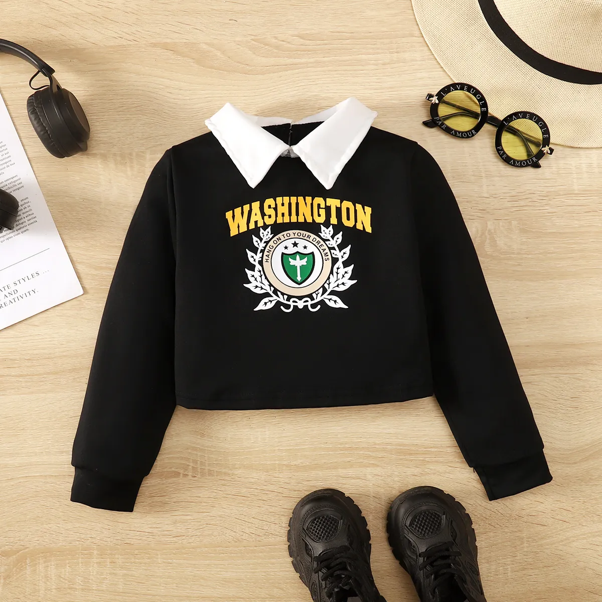  Toddler Girl Letters Pattern Lapel Collar Long-sleeve Sweatshirt 