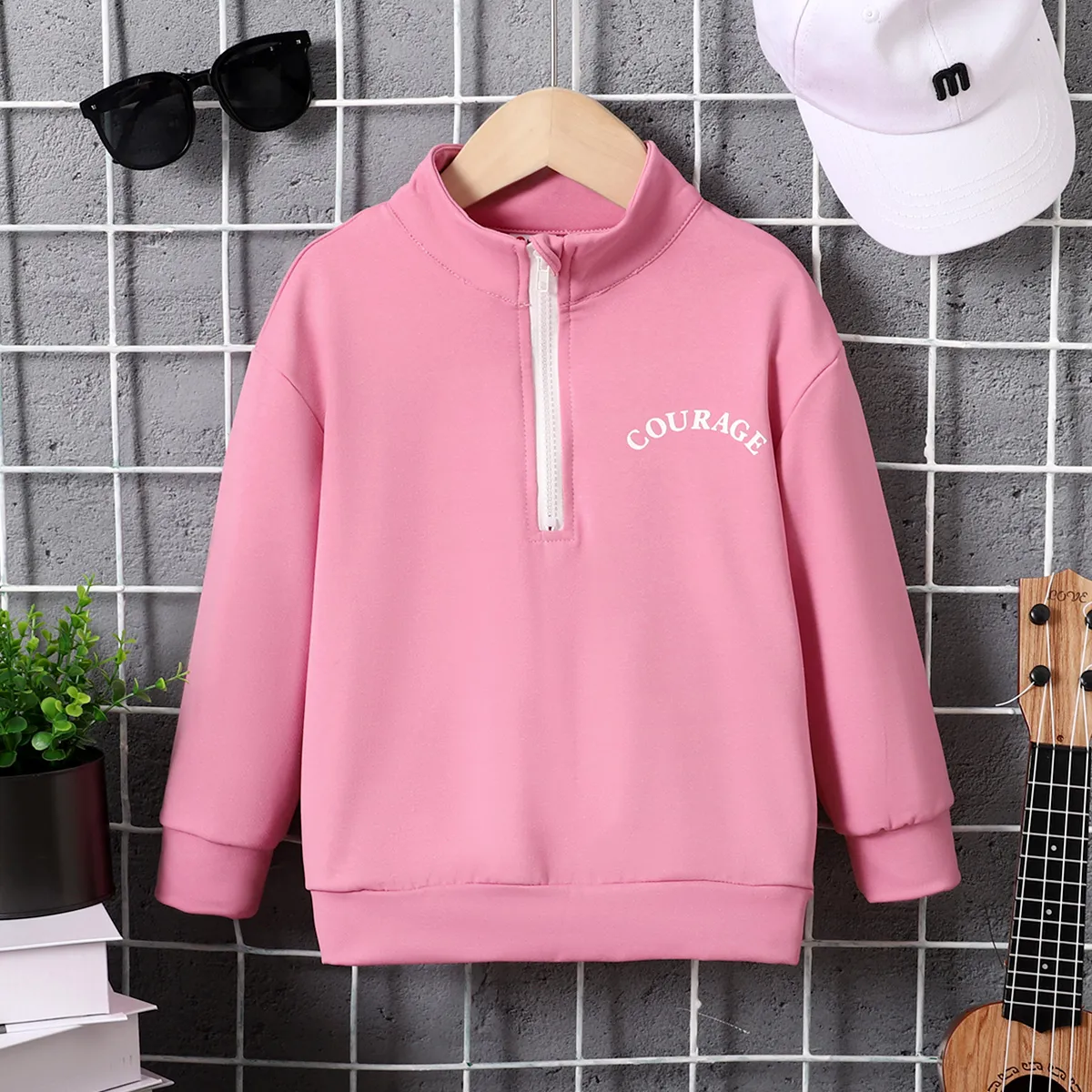 Toddler Boy/Girl Letters Print Zipper Lapel Collar Sweatshirt  Pink