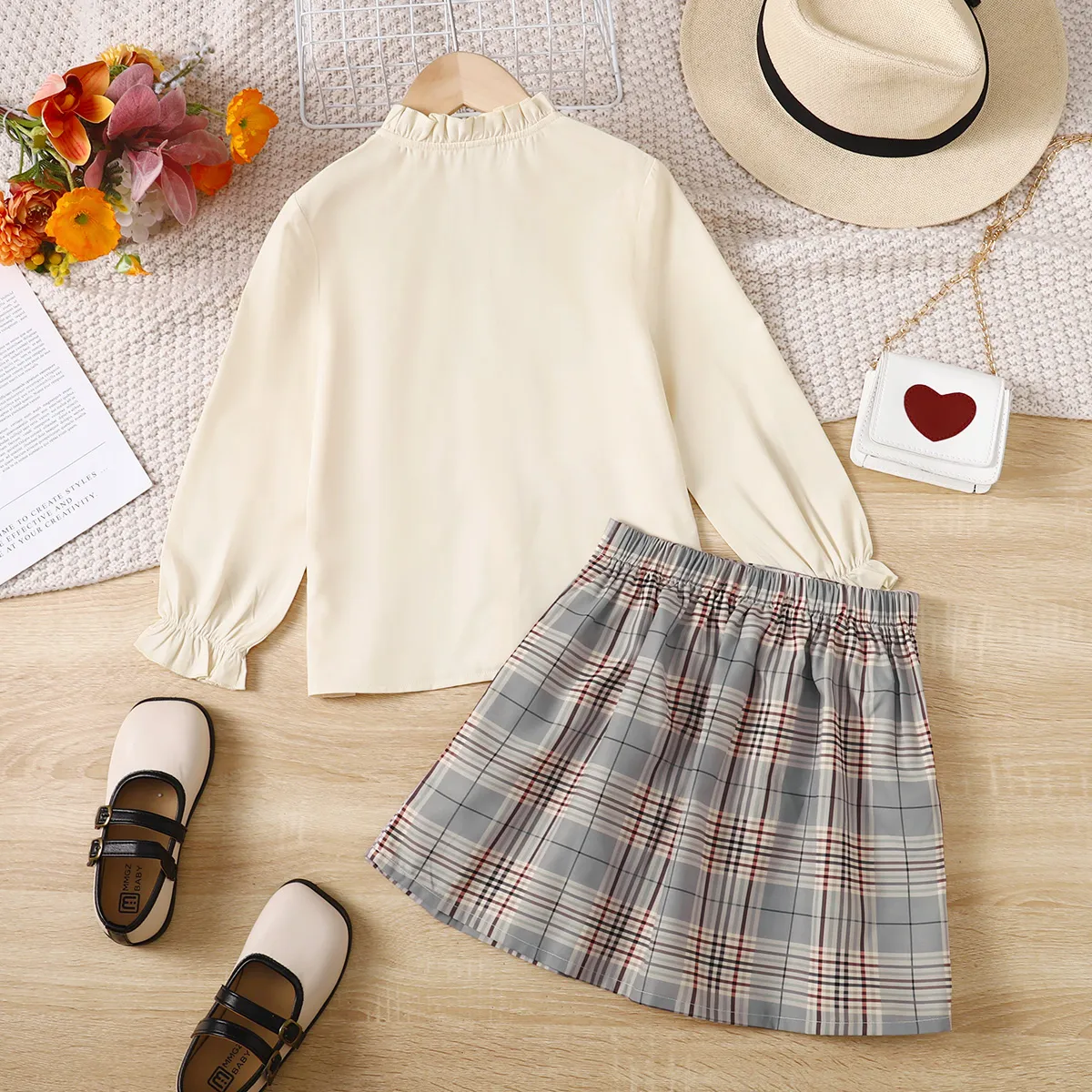 2PCS Kid Girl  Beautiful Agaric Edge Shirt /Sweet Grid/Houndstooth Skirt Beige image 3
