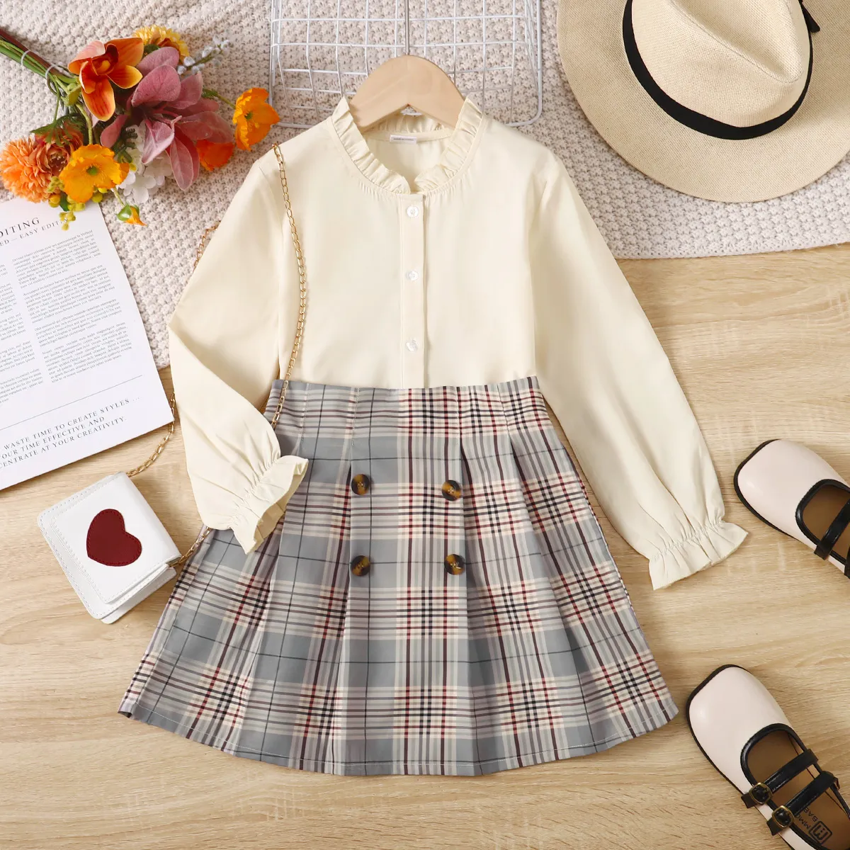 2PCS Kid Girl  Beautiful Agaric Edge Shirt /Sweet Grid/Houndstooth Skirt