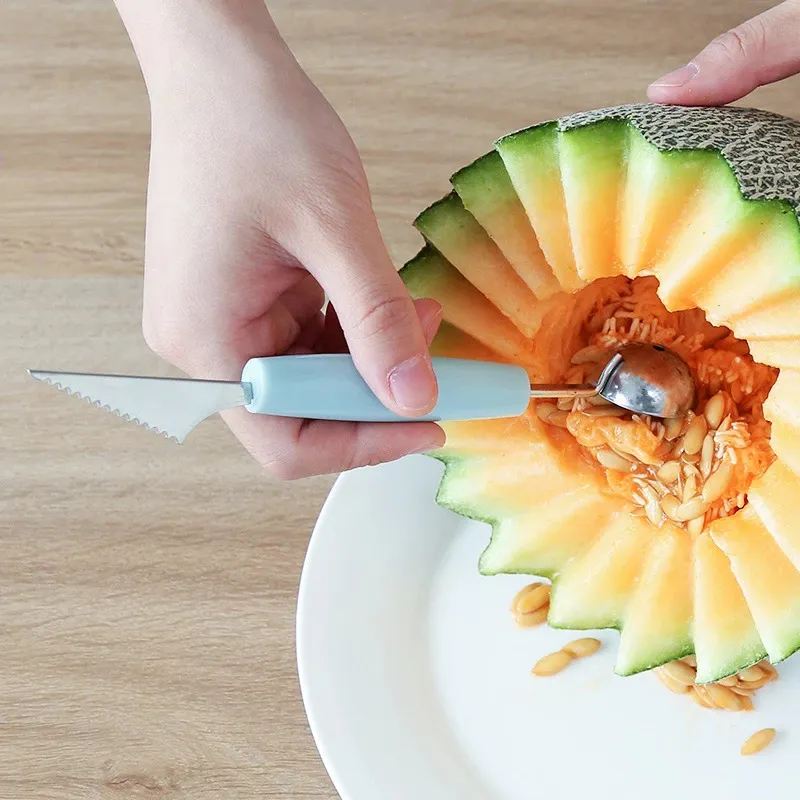 doble cabezal helado de frutas cuchara cucharada utensilios de cocina melón cuchara de acero inoxidable Azul big image 1