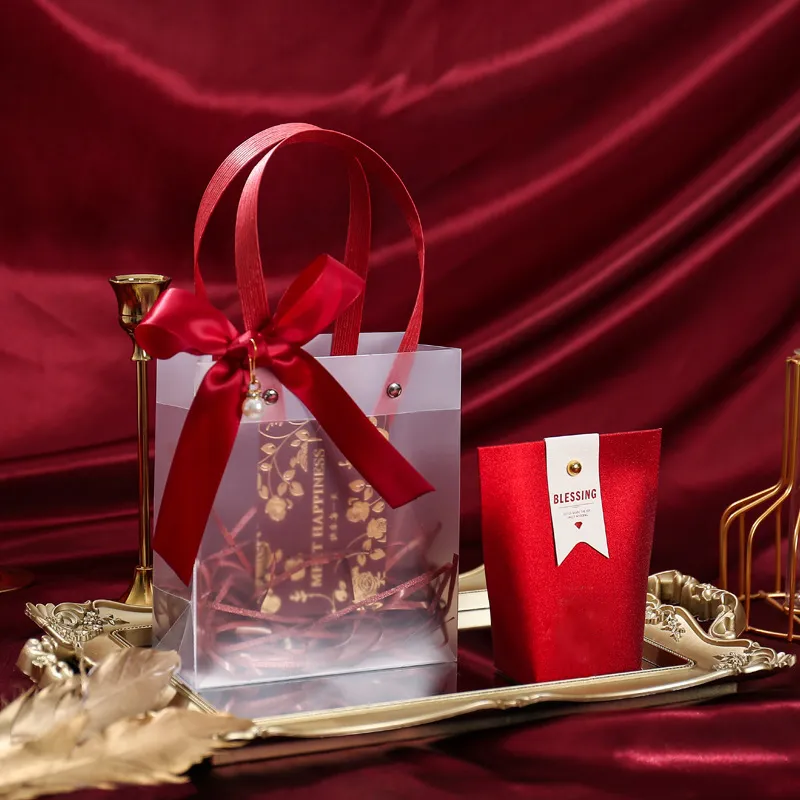 2-pack Transparent Gift Bags with Handles Frosted Gift Bag Packaging Candy Bag Red big image 1