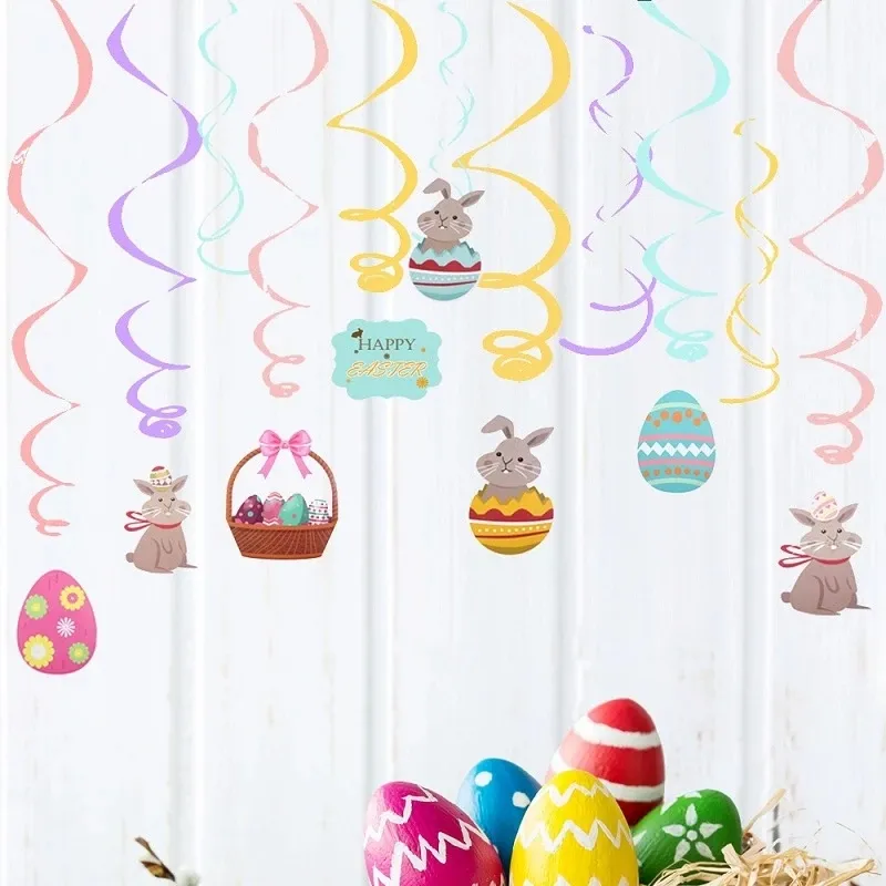 8-pack Easter Hanging Swirl Spiral Pendant Decor Easter Egg Bunny Rabbit Hanging Ceiling Decorations for Home Classroom Easter Party Supplies  image 2