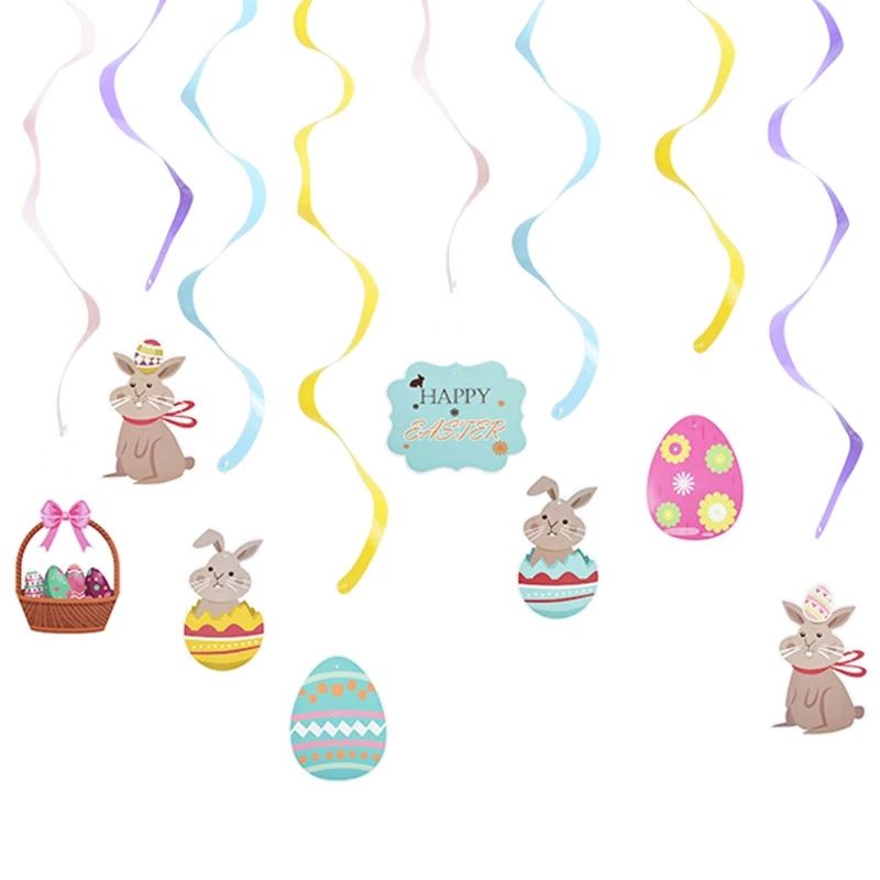 8-pack Easter Hanging Swirl Spiral Pendant Decor Easter Egg Bunny Rabbit Hanging Ceiling Decorations