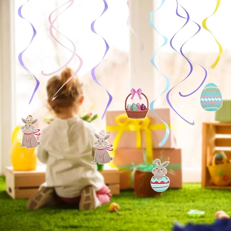 8-pack Easter Hanging Swirl Spiral Pendant Decor Easter Egg Bunny Rabbit Hanging Ceiling Decorations for Home Classroom Easter Party Supplies  image 4
