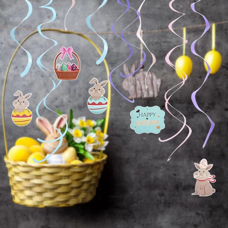 8-pack Easter Hanging Swirl Spiral Pendant Decor Easter Egg Bunny Rabbit Hanging Ceiling Decorations for Home Classroom Easter Party Supplies  image 5