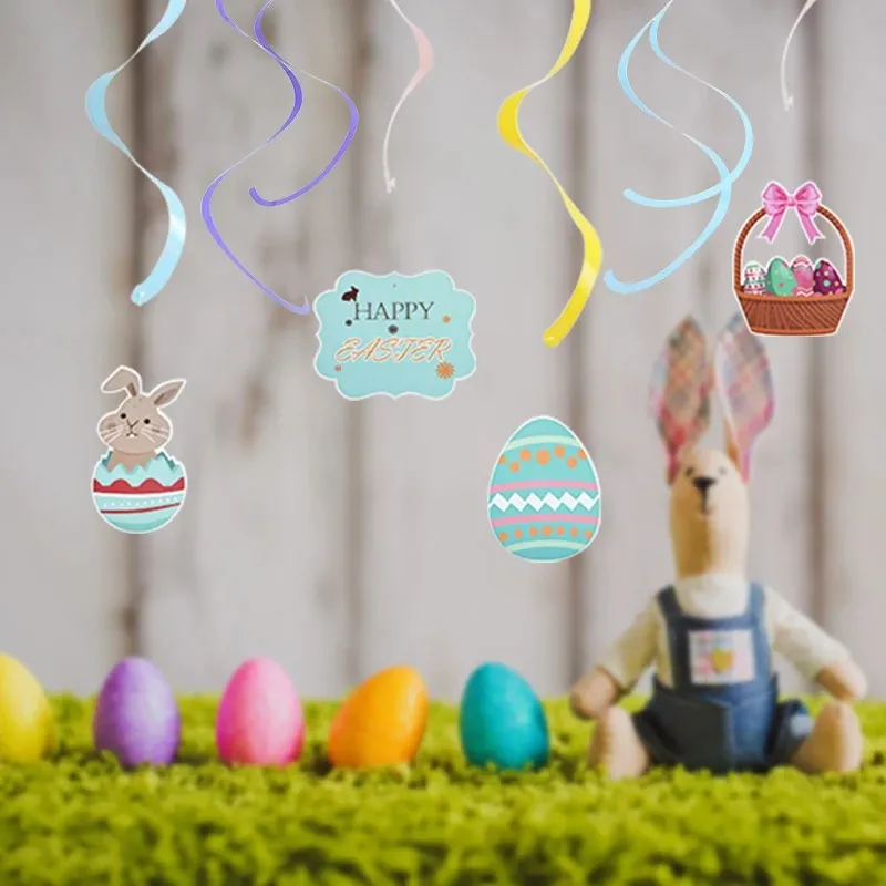 8-pack Easter Hanging Swirl Spiral Pendant Decor Easter Egg Bunny Rabbit Hanging Ceiling Decorations for Home Classroom Easter Party Supplies  image 6