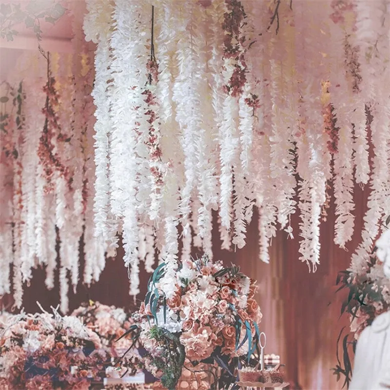 künstliche Cattleya Blumengirlanden Rebe hängende Reben Pflanzengirlande gefälschte Blumenpflanzen für zu Hause Hotelgarten Hochzeit Valentinstag Partydekoration weiß big image 1