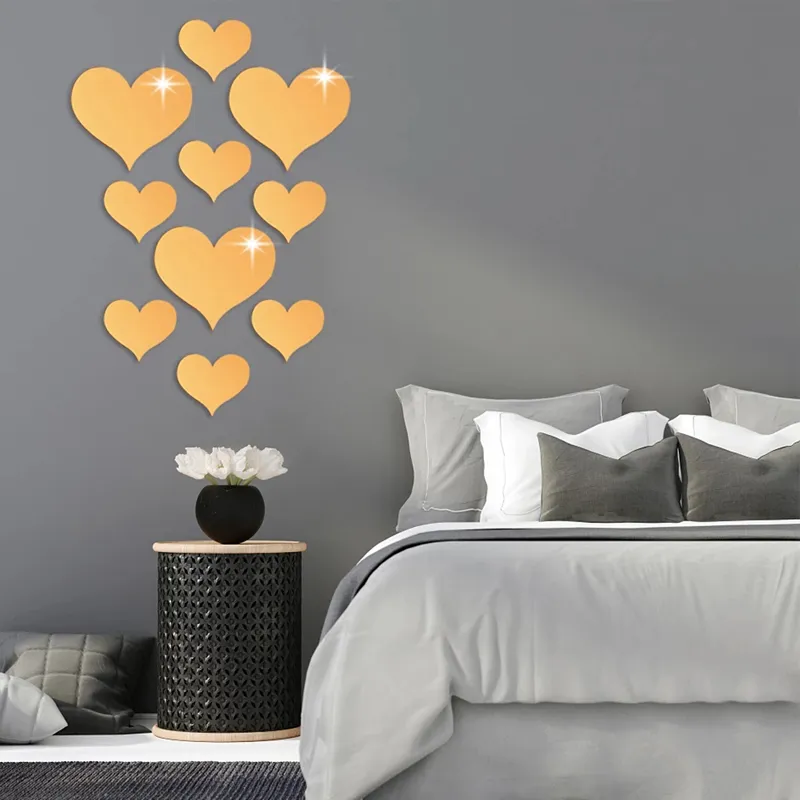 10-pack 3D Acrylic Heart Mirrors Sticker Mirror Surface Heart Wall Sticker Art Wall Sticker Decal for Living Room Bedroom Home Decor Supplies big image 1